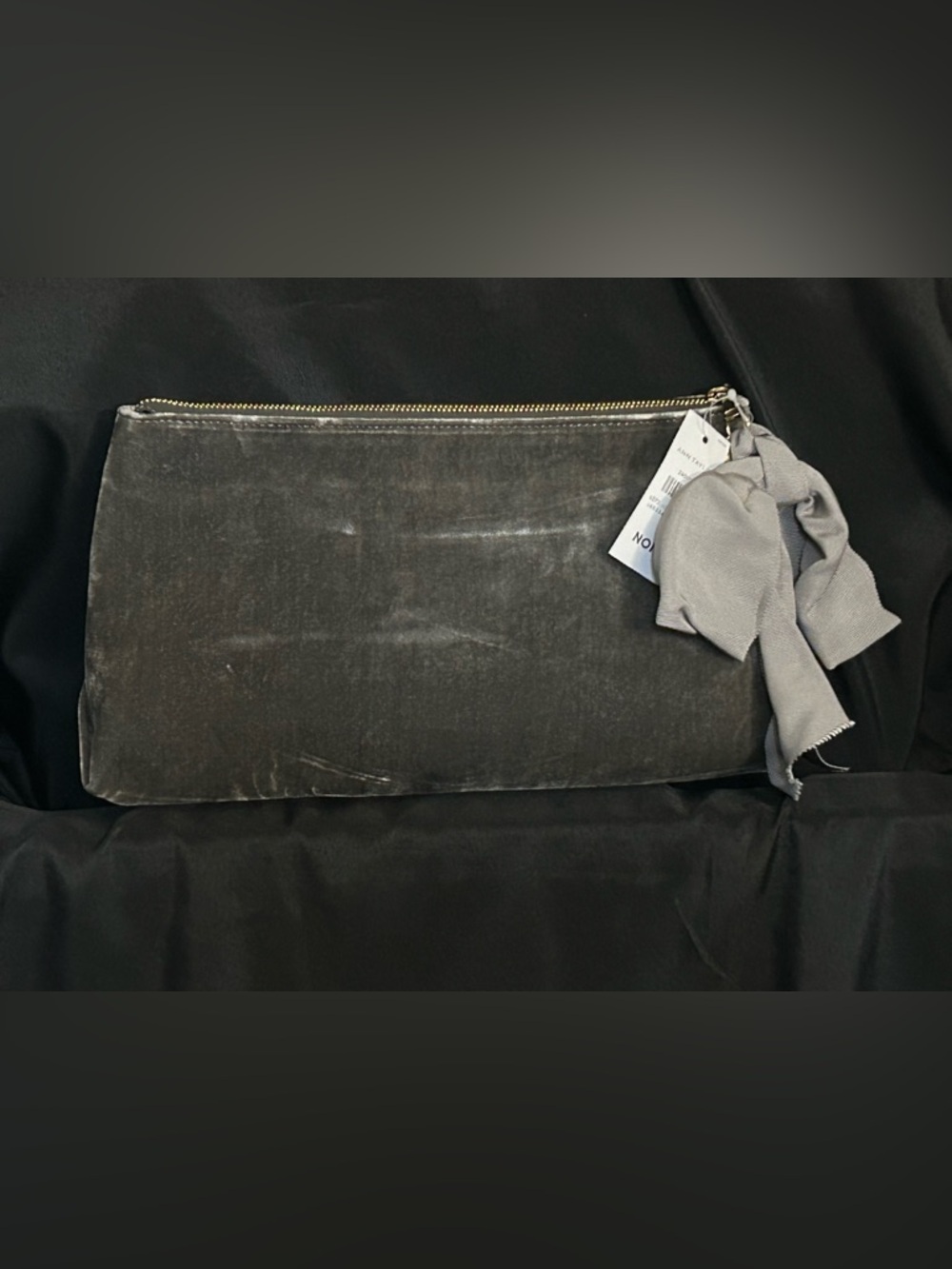 Anne Taylor Gray Velvet Zip Pouch Purse  Clutch & Bow Accent NWT